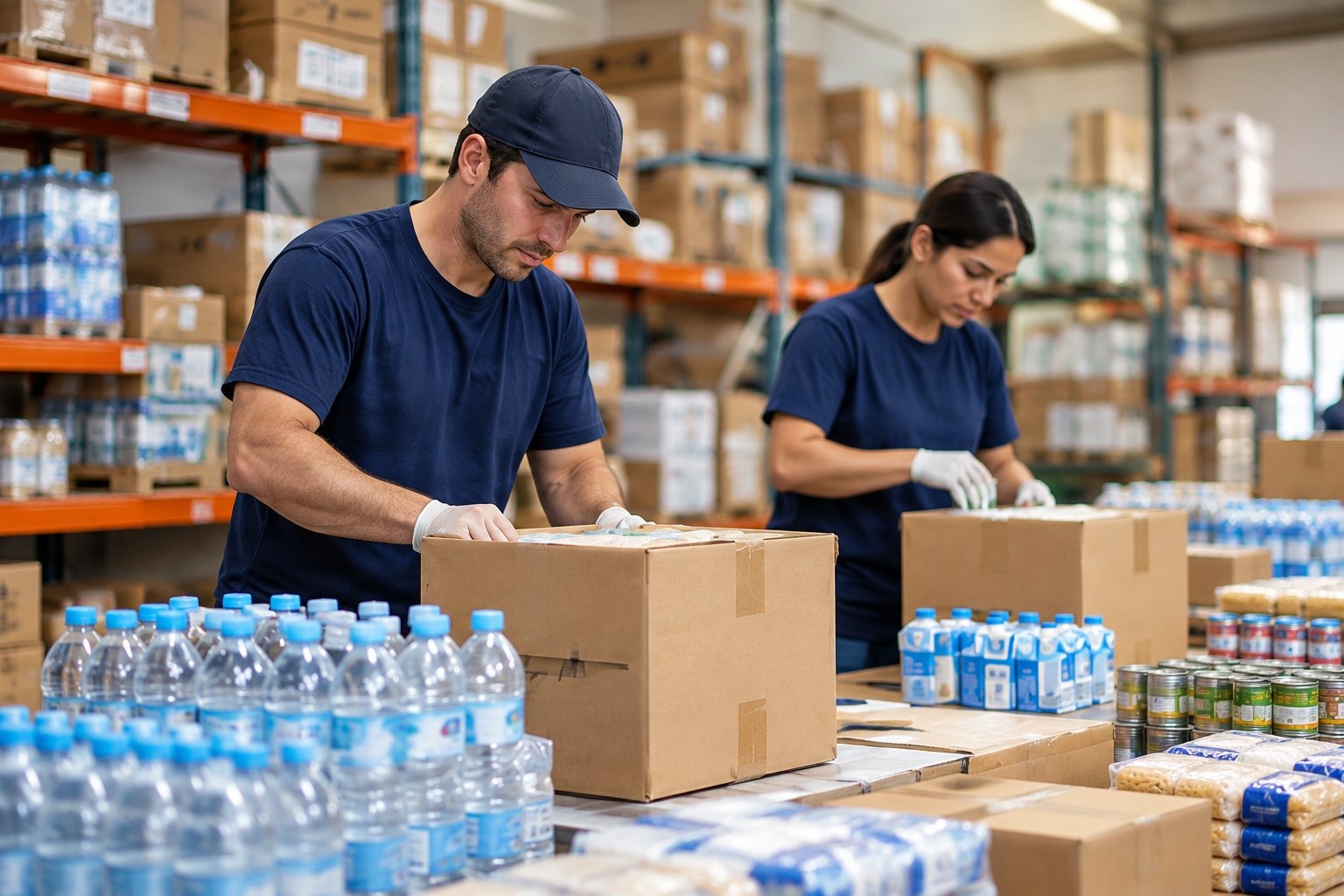 Illustration of volunteers packing water and essential supplies